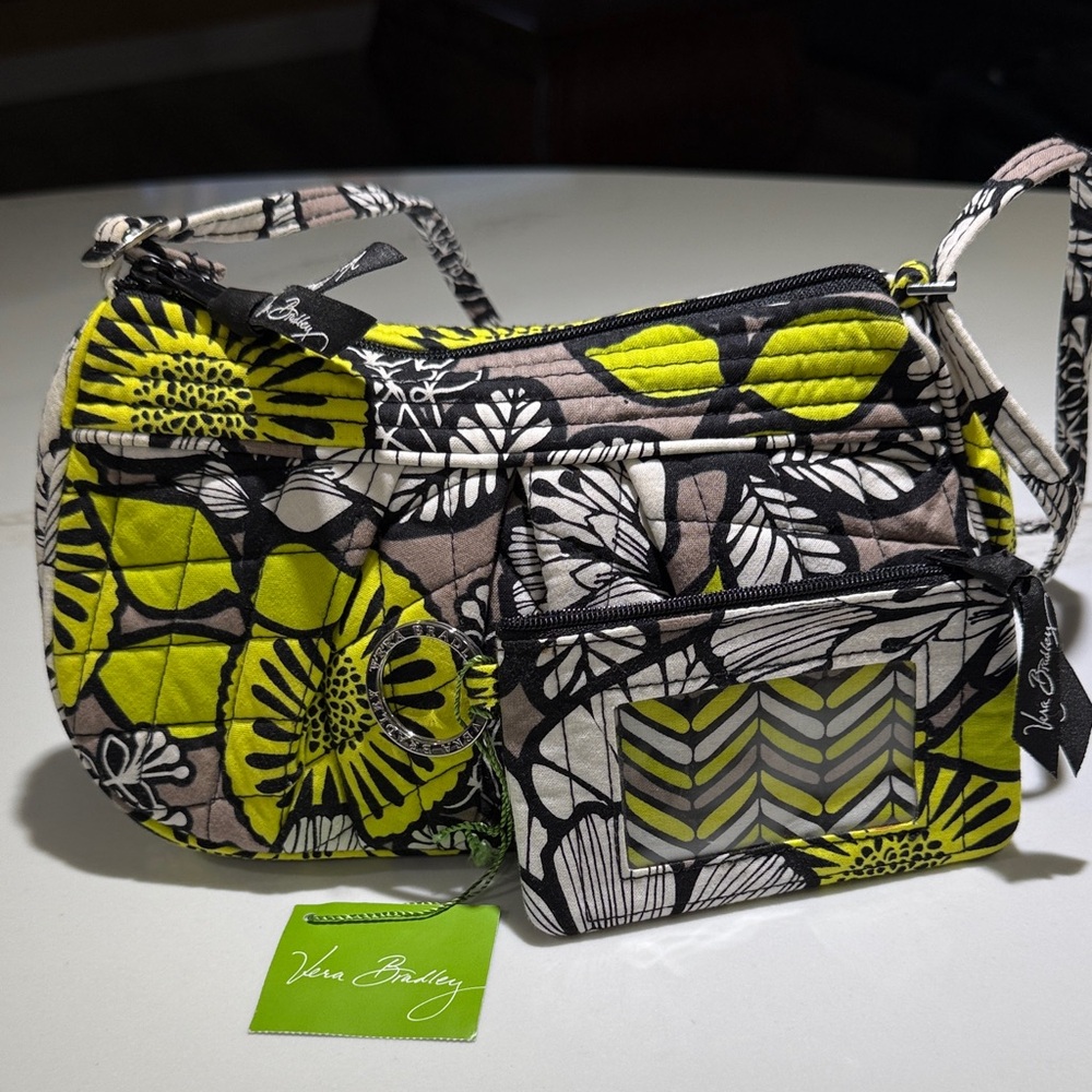 2 PIECE NEW Set VERA BRADLEY Citron Crossbody & Zip ID Case, Black/Neon Yellow